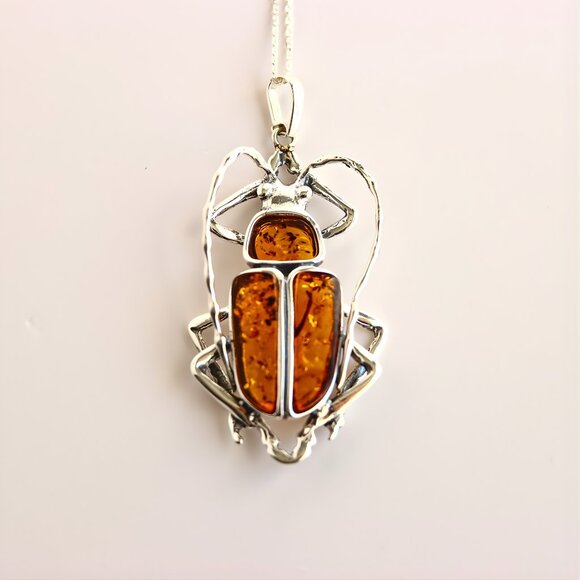 Baltic Amber Scarab Pendant Necklace in 925 Sterling Silver - Picture 2 of 9